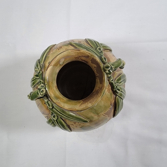 Vintage Handmade Glazed Pottery 8" Tall Earth Tones Bamboo Leaf DetailVase Sign - Picture 9 of 11